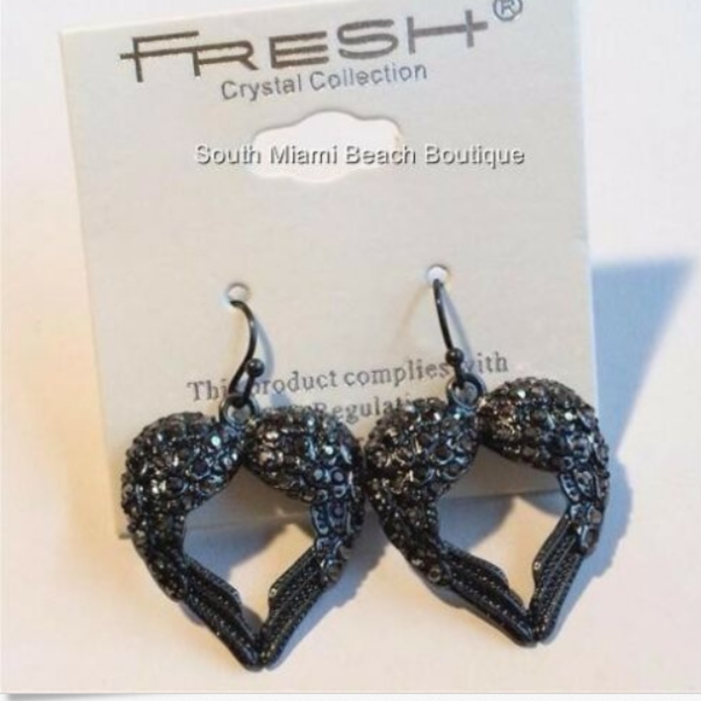 Crystal Angel Wings Heart Earrings Black Crystals Goth Gothic Hearts Gunmetal